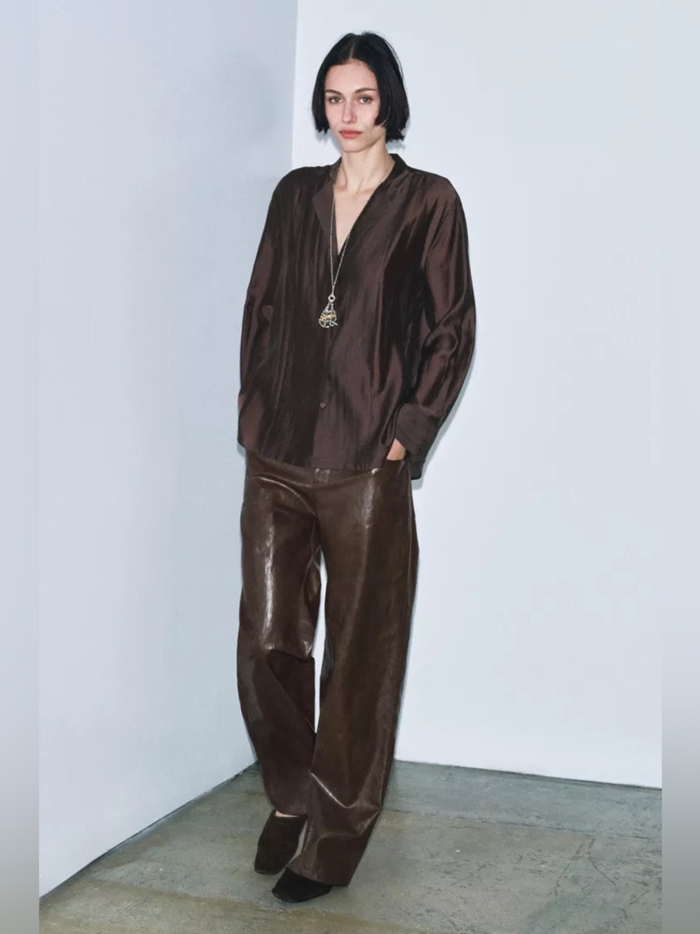NWT Zara Bloggers Fav ZW COLLECTION FAUX LEATHER STRAIGHT LEG PANTS Brown L